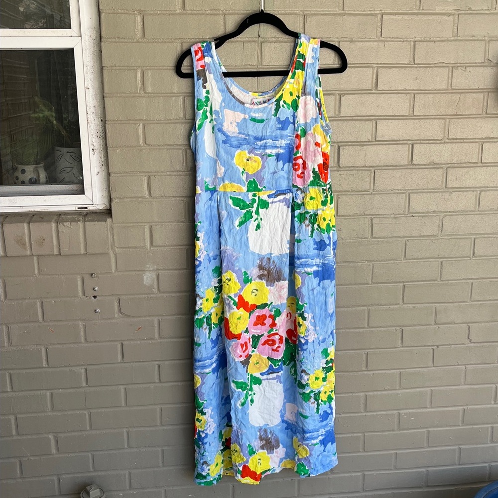 JAMS WORLD Vintage Watercolor Floral Abstract Shift Midi Dress L Made in Hawaii